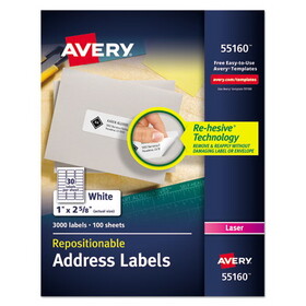 AVERY-DENNISON AVE55160 Repositionable Address Labels, Inkjet/laser, 1 X 2 5/8, White, 3000/box