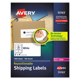 Avery AVE55163 Repositionable Shipping Labels w/Sure Feed, Inkjet/Laser, 2 x 4, White, 1000/Box