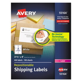 AVERY-DENNISON AVE55164 Repositionable Shipping Labels w/SureFeed, Laser, 3.33 x 4, White, 600/Box