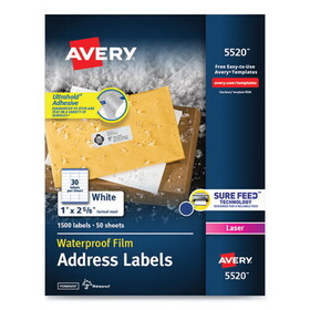 AVERY-DENNISON AVE5520 Waterproof Address Labels with TrueBlock and Sure Feed, Laser Printers, 1 x 2.63, White, 30/Sheet, 50 Sheets/Pack
