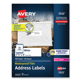 AVERY-DENNISON AVE5522 Waterproof Address Labels with TrueBlock and Sure Feed, Laser Printers, 1.33 x 4, White, 14/Sheet, 50 Sheets/Pack