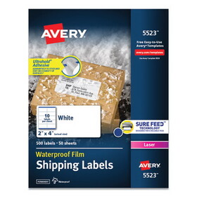 AVERY-DENNISON AVE5523 Waterproof Shipping Labels with TrueBlock and Sure Feed, Laser Printers, 2 x 4, White, 10/Sheet, 50 Sheets/Pack