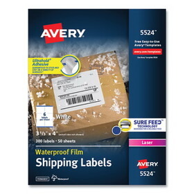 Avery AVE5524 Waterproof Shipping Labels with TrueBlock and Sure Feed, Laser Printers, 3.33 x 4, White, 6/Sheet, 50 Sheets/Pack