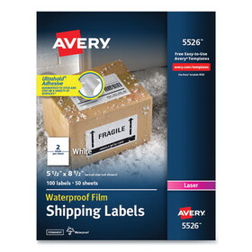 AVERY-DENNISON AVE5526 Waterproof Shipping Labels with TrueBlock Technology, Laser Printers, 5.5 x 8.5, White, 2/Sheet, 50 Sheets/Pack