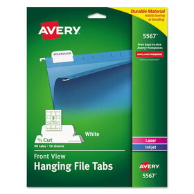 Avery AVE5567 Laser Printable Hanging File Tabs, 1/5-Cut, White, 2.06" Wide, 90/Pack