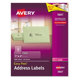 Avery AVE5661 Clear Easy Peel Mailing Labels, Laser, 1 X 4, 1000/box