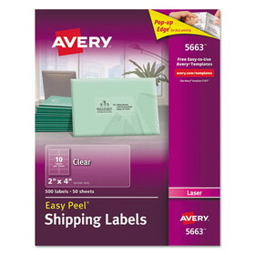 Avery AVE5663 Matte Clear Easy Peel Mailing Labels w/ Sure Feed Technology, Laser Printers, 2 x 4, Clear, 10/Sheet, 50 Sheets/Box