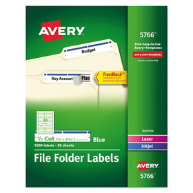 Avery AVE5766 Permanent TrueBlock File Folder Labels with Sure Feed Technology, 0.66 x 3.44, Blue/White, 30/Sheet, 50 Sheets/Box