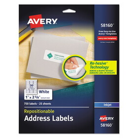 Avery AVE58160 Repositionable Address Labels w/SureFeed, Inkjet/Laser, 1 x 2.63, White, 750/BX
