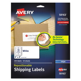 AVERY-DENNISON AVE58163 Repositionable Address Labels, Inkjet/laser, 2 X 4, White, 250/box