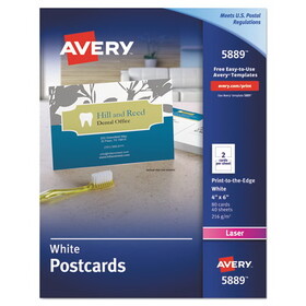 AVERY-DENNISON AVE5889 Printable Postcards, Laser, 80 lb, 4 x 6, Uncoated White, 80 Cards, 2 Cards/Sheet, 40 Sheets/Box