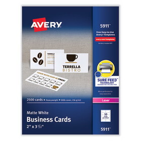 AVERY-DENNISON AVE5911 Printable Microperf Business Cards, Laser, 2 X 3 1/2, White, Uncoated, 2500/box