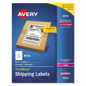 Avery AVE5912 Shipping Labels W/ultrahold Ad & Trueblock, Laser, 5 1/2 X 8 1/2, White, 500/box