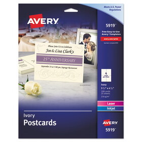 Avery AVE5919 Printable Postcards, Inkjet/Laser, 74 lb, 4.25 x 5.5, Ivory, 100 Cards, 4 Cards/Sheet, 25 Sheets/Box