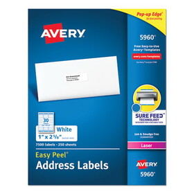 AVERY-DENNISON AVE5960 Easy Peel Laser Address Labels, 1 X 2 5/8, White, 7500/box