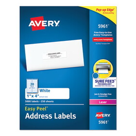 AVERY-DENNISON AVE5961 Easy Peel White Address Labels w/ Sure Feed Technology, Laser Printers, 1 x 4, White, 20/Sheet, 250 Sheets/Box
