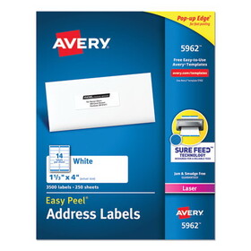 AVERY-DENNISON AVE5962 Easy Peel Laser Address Labels, 1 1/3 X 4, White, 3500/box