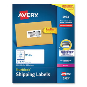 AVERY-DENNISON AVE5963 Shipping Labels w/ TrueBlock Technology, Laser Printers, 2 x 4, White, 10/Sheet, 250 Sheets/Box