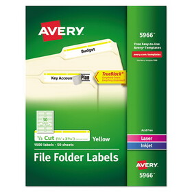 Avery AVE5966 Permanent TrueBlock File Folder Labels with Sure Feed Technology, 0.66 x 3.44, Yellow/White, 30/Sheet, 50 Sheets/Box