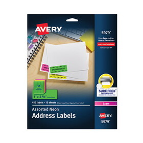AVERY-DENNISON AVE5979 High Visibility Rectangle Laser Labels, 1 X 2 5/8, Assorted Neons, 450/pack