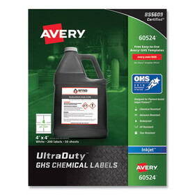 Avery AVE60524 UltraDuty GHS Chemical Waterproof and UV Resistant Labels, 4 x 4, White, 4/Sheet, 50 Sheets/Pack