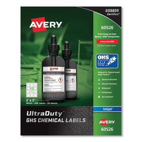 Avery AVE60526 UltraDuty GHS Chemical Waterproof and UV Resistant Labels, 2 x 2, White, 12/Sheet, 50 Sheets/Pack