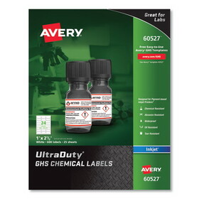 Avery AVE60527 UltraDuty GHS Chemical Waterproof and UV Resistant Labels, 1 x 2.5, White, 24/Sheet, 25 Sheets/Pack
