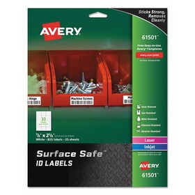 Avery AVE61501 Surface Safe ID Labels, Inkjet/Laser Printers, 0.88 x 2.63, White, 33/Sheet, 25 Sheets/Pack