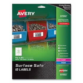 Avery AVE61502 Surface Safe ID Labels, Inkjet/Laser Printers, 1.63 x 3.63, White, 12/Sheet, 25 Sheets/Pack