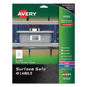 Avery 61503 Surface Safe ID Labels, Inkjet/Laser Printers, 2 x 3.5, White, 10/Sheet, 25 Sheets/Pack