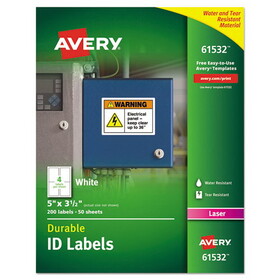 Avery AVE61532 Durable Permanent ID Labels with TrueBlock Technology, Laser Printers, 3.5 x 5, White, 4/Sheet, 50 Sheets/Pack