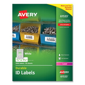 Avery AVE61533 Durable Permanent ID Labels with TrueBlock Technology, Laser Printers, 0.66 x 1.75, White, 60/Sheet, 50 Sheets/Pack