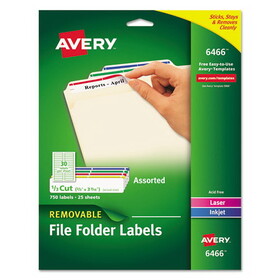 Avery AVE6466 Removable File Folder Labels with Sure Feed Technology, 0.66 x 3.44, White, 30/Sheet, 25 Sheets/Pack