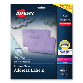 Avery AVE6520 Glossy Clear Easy Peel Mailing Labels w/ Sure Feed Technology, Inkjet/Laser Printers, 0.66 x 1.75, 60/Sheet, 10 Sheets/PK