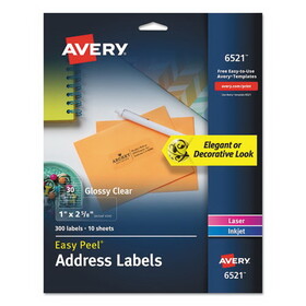 Avery AVE6521 Glossy Clear Easy Peel Mailing Labels w/ Sure Feed Technology, Inkjet/Laser Printers, 1 x 2.63, 30/Sheet, 10 Sheets/Pack