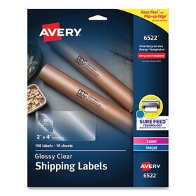Avery AVE6522 Glossy Clear Easy Peel Mailing Labels w/ Sure Feed Technology, Inkjet/Laser Printers, 2 x 4, Clear, 10/Sheet, 10 Sheets/Pack