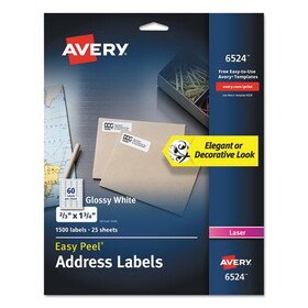 Avery 06524 Glossy White Easy Peel Mailing Labels w/ Sure Feed Technology, Laser Printers, 0.66 x 1.75, White, 60/Sheet, 25 Sheets/Pack