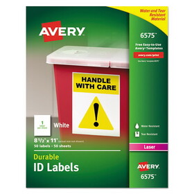 Avery AVE6575 Durable Permanent ID Labels with TrueBlock Technology, Laser Printers, 8.5 x 11, White, 50/Pack