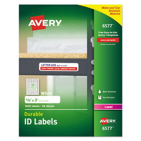 AVERY-DENNISON AVE6577 Durable Permanent ID Labels with TrueBlock Technology, Laser Printers, 0.63 x 3, White, 32/Sheet, 50 Sheets/Pack