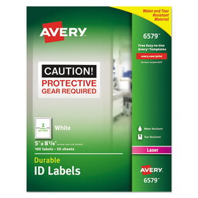AVERY-DENNISON AVE6579 Durable Permanent ID Labels with TrueBlock Technology, Laser Printers, 5 x 8.13, White, 2/Sheet, 50 Sheets/Pack