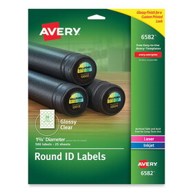 Avery AVE6582 Round Glossy Clear Permanent Labels, Inkjet/laser, 1 2/3" Dia, 500/pack