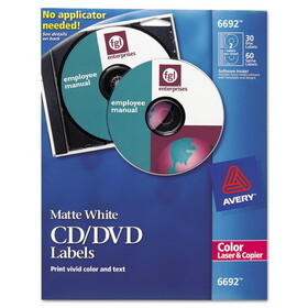 AVERY-DENNISON AVE6692 Laser Cd Labels, Matte White, 30/pack