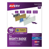Avery 71203 The Mighty Badge Name Badge Holder Kit, Horizontal, 3 x 1, Inkjet, Gold, 10 Holders/ 80 Inserts