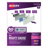 Avery 71208 The Mighty Badge Name Badge Holder Kit, Horizontal, 3 x 1, Laser, Silver, 50 Holders/120 Inserts