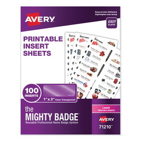 Avery 71210 The Mighty Badge Name Badge Inserts, 1 x 3, Clear, Laser, 20/Sheet, 5 Sheets/Pack