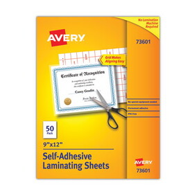 Avery AVE73601 Clear Self-Adhesive Laminating Sheets, 3 mil, 9" x 12", Matte Clear, 50/Box