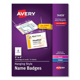 Avery AVE74459 Necklace-Style Badge Holder w/Laser/Inkjet Insert, Top Load, 4 x 3, WE, 100/Box