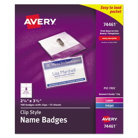 Avery AVE74461 Clip-Style Badge Holder with Laser/Inkjet Insert, Top Load, 3.5 x 2.25, White, 100/Box