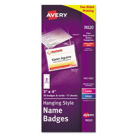 AVERY-DENNISON AVE74520 Necklace-Style Badge Holder w/Laser/Inkjet Insert, Top Load, 4 x 3, WE, 50/Box