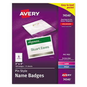 Avery AVE74540 Pin-Style Badge Holder with Laser/Inkjet Insert, Top Load, 4 x 3, White, 100/Box